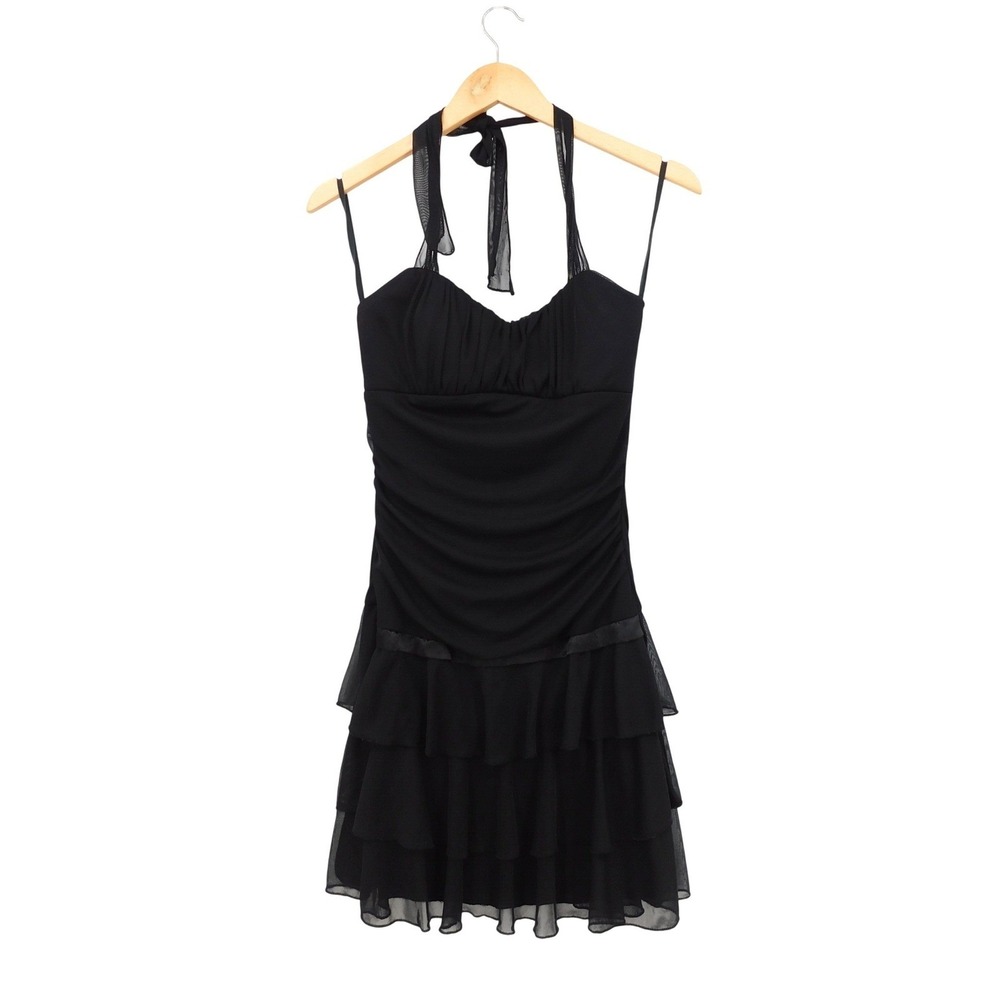 Ruby Rox‎ Black Halter Ruched Mesh Ruffle Tiered Dress Size M Y2K Whimsigoth
